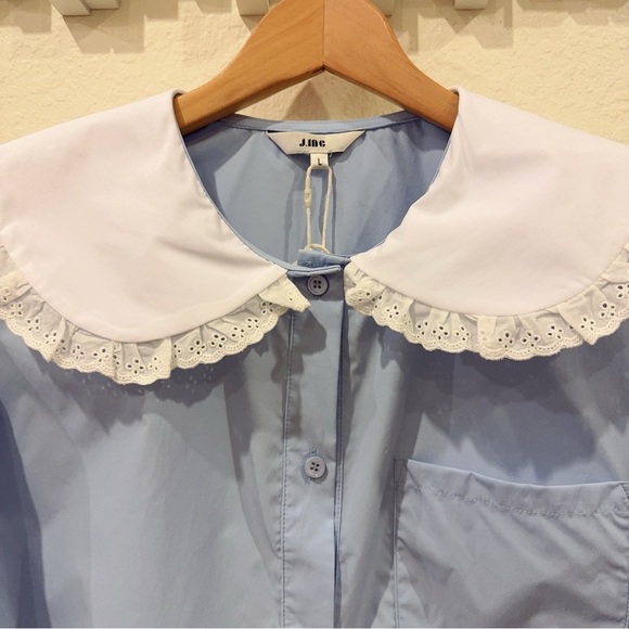 J.ING Blue with White Collar Button Down Long Sleeve Crop Shirt Top Size L NWT - Picture 4 of 10